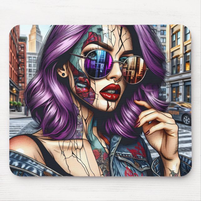 Colourful Abstract Pretty Lady with Purple Hair Mouse Pad (Front)