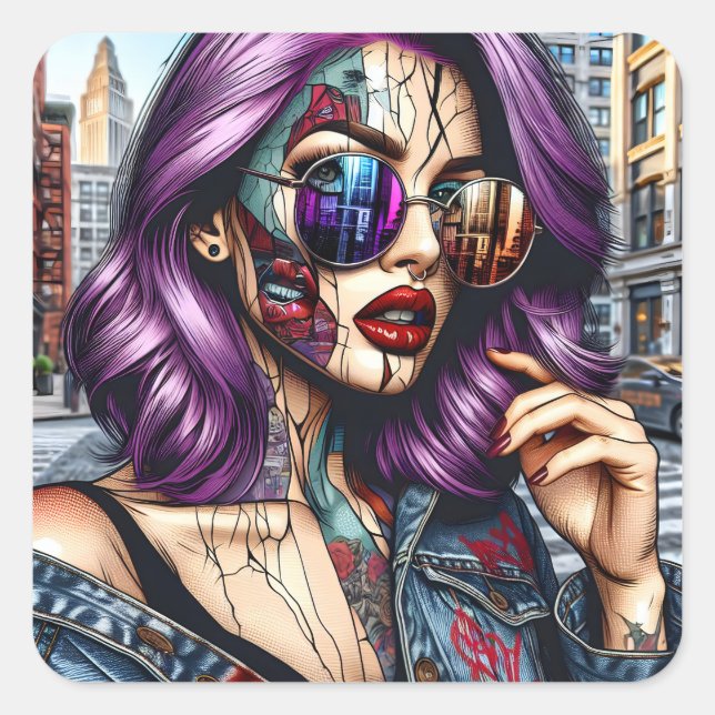 Colourful Abstract Pretty Lady with Purple Hair Square Sticker (Front)