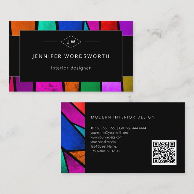 Colourful Abstract Purple Blue Pink Black QR Code Business Card (Front/Back)