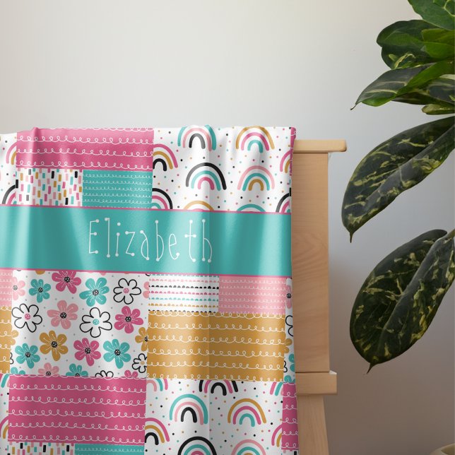 Colourful Abstract Rainbow Flower Patchwork Sherpa Blanket (Our Colorful Abstract Rainbow Flower Patchwork Throw makes a great personalized new baby gift.)