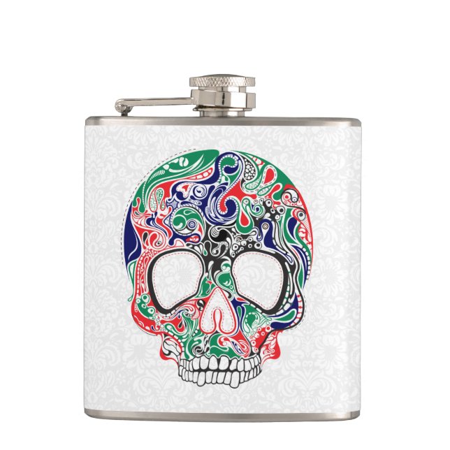Colourful Abstract Retro Sugar Skull Hip Flask (Front)