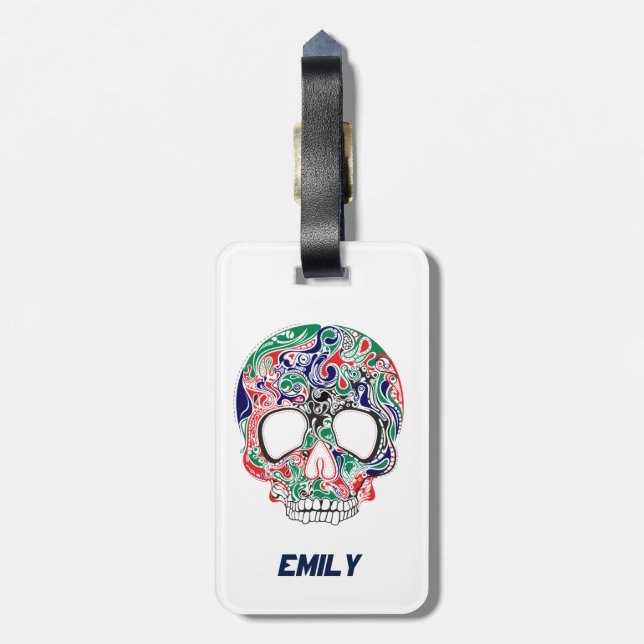 Colourful Abstract Retro Sugar Skull Luggage Tag (Back Vertical)