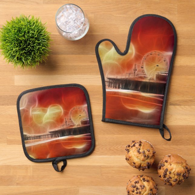 Colourful abstract Santa Monica Pier Oven Mitt & Pot Holder Set (Top Down)