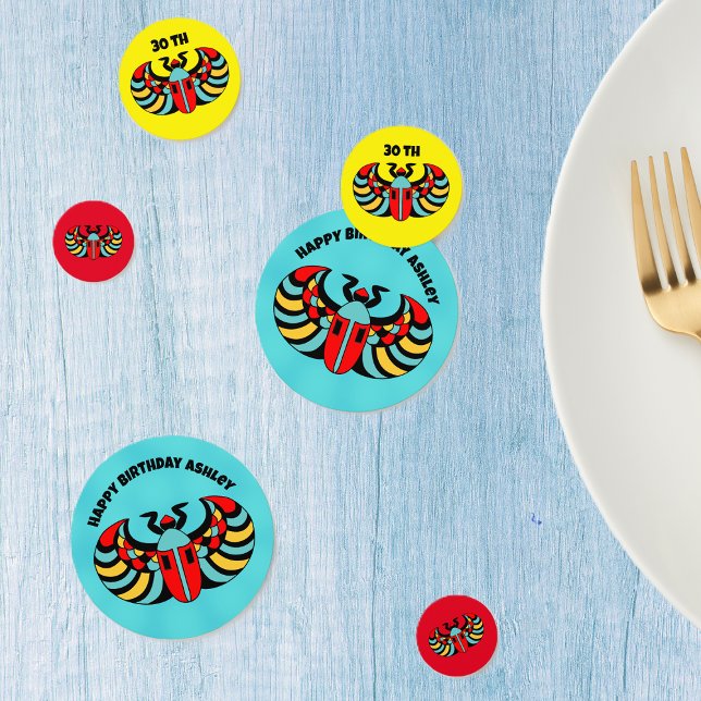 Colourful Abstract Scarab Beetles Happy Birthday Confetti (Abstract bright scarab beetle in black, red, yellow and aqua blue on Happy Birthday table confetti.)