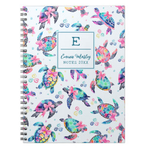 Colourful Abstract Sea Turtle Monogrammed Bow girl Notebook