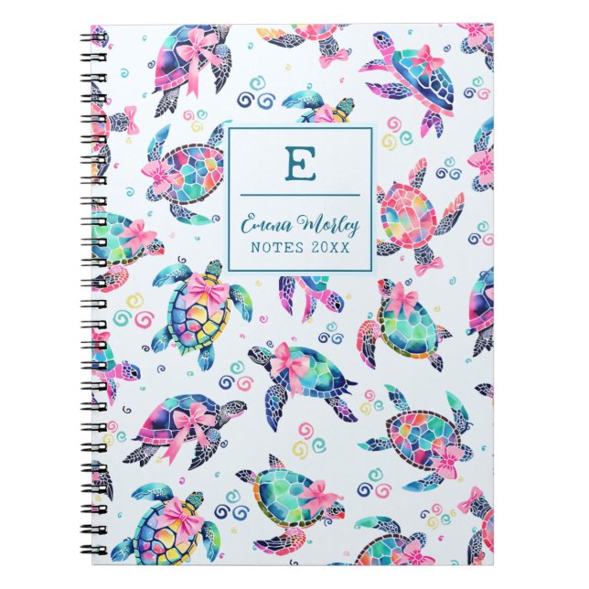 Colourful Abstract Sea Turtle Monogrammed Bow girl Notebook (Front)