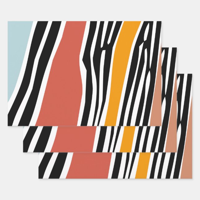 Colourful abstract shapes with zebra print design wrapping paper sheet (Set)