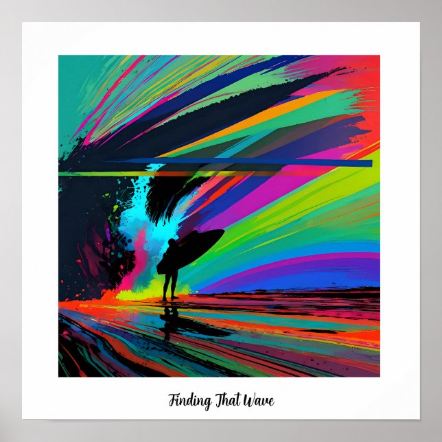 Colourful abstract silhouette surfer on beach poster (Front)