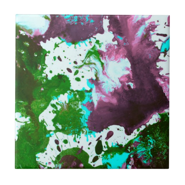 Colourful Abstract Splatter Paint Green and Purple Ceramic Tile (Front)