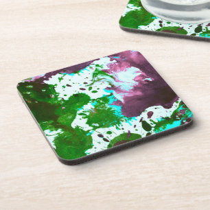 Colourful Abstract Splatter Paint Green and Purple Coaster