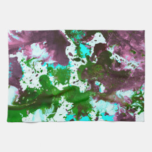 Colourful Abstract Splatter Paint Green and Purple Tea Towel