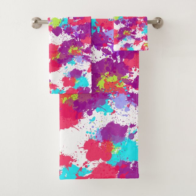 Colourful Abstract Splatter Paint, Red and Purple Bath Towel Set (Insitu)