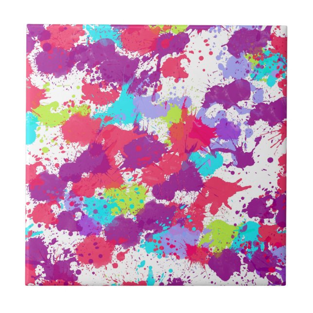 Colourful Abstract Splatter Paint, Red and Purple Ceramic Tile (Front)