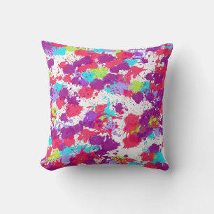 Colourful Abstract Splatter Paint, Red and Purple Cushion