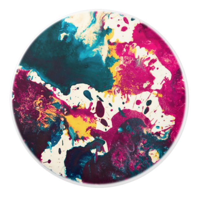 Colourful Abstract Splatter Paint Teal and Magenta Ceramic Knob (Front)