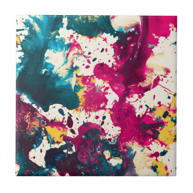 Colourful Abstract Splatter Paint Teal and Magenta Ceramic Tile (Front)