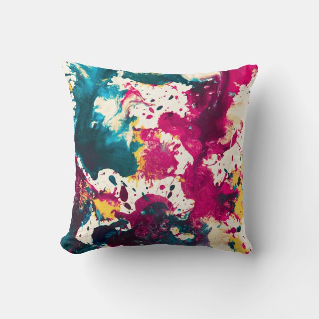 Colourful Abstract Splatter Paint Teal and Magenta Cushion (Front)