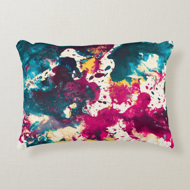 Colourful Abstract Splatter Paint Teal and Magenta Decorative Cushion (Front)