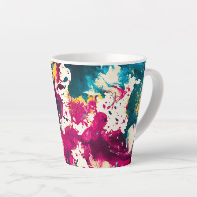 Colourful Abstract Splatter Paint Teal and Magenta Latte Mug (Right Angle)
