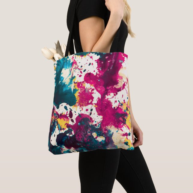 Colourful Abstract Splatter Paint Teal and Magenta Tote Bag (Close Up)
