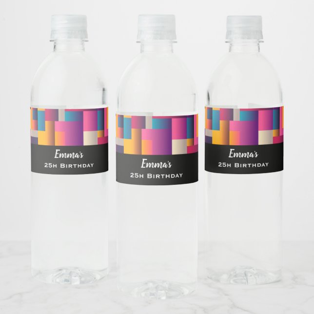 Colourful Abstract Squares and Shapes Birthday Water Bottle Label (Bottles)
