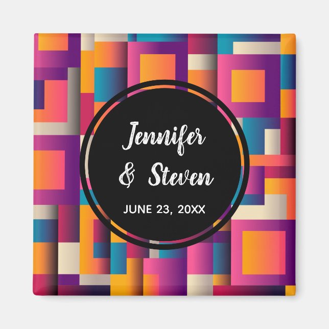 Colourful Abstract Squares and Shapes Wedding Magnet (Front)