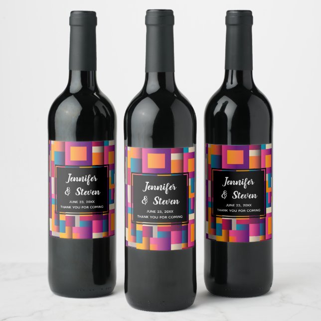 Colourful Abstract Squares and Shapes Wedding Wine Label (Bottles)