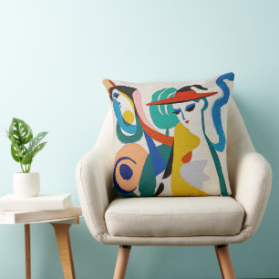 Colourful Abstract Surreal Woman Red Hat Art Cushion