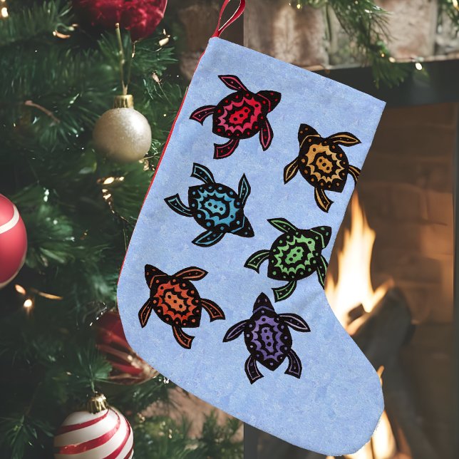 Colourful Abstract Swimming Turtles Small Christmas Stocking (bunch of black turtles with colourful shells on light blue Christmas stocking.)