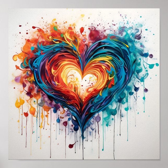 Colourful abstract swirling painted heart poster (Front)