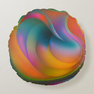 Colourful Abstract Swirls Orange Blue Green Pink Round Cushion