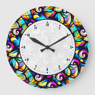 Colourful Abstract Swirls Stained Glass Look Large Clock