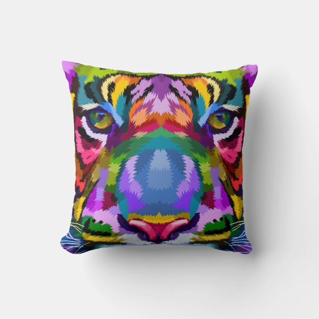 Colourful Abstract Tiger Face – Vibrant Psychedeli Cushion (Front)