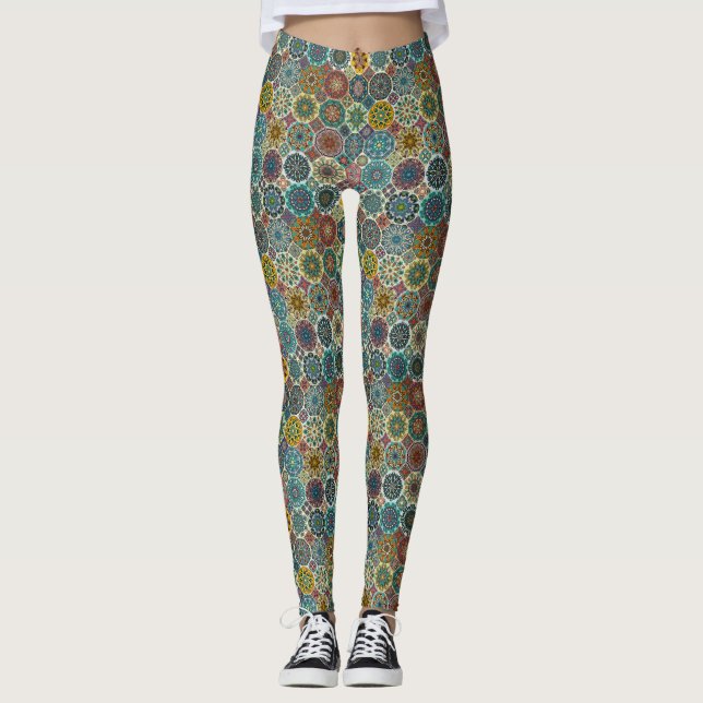 Colourful abstract tile pattern design leggings (Front)