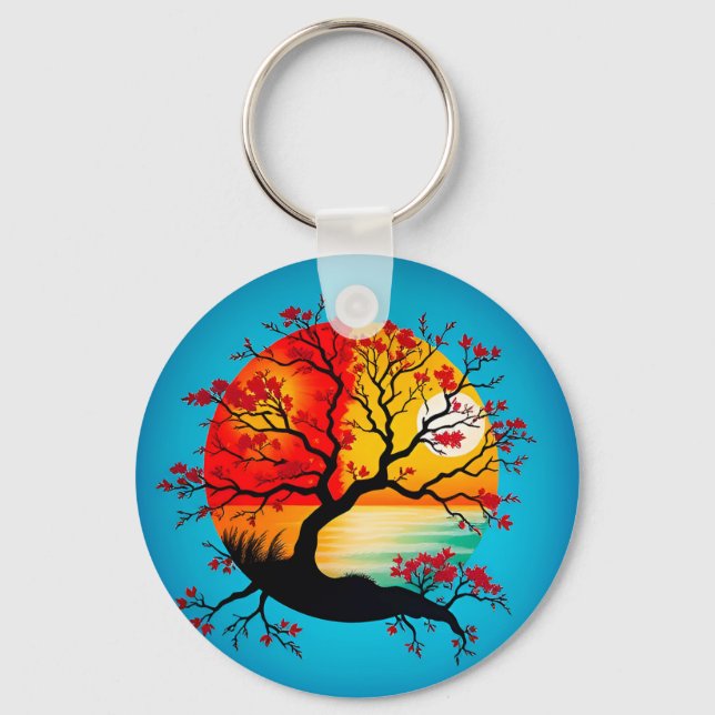 Colourful Abstract Tree Silhouette at Sunset Key Ring (Front)