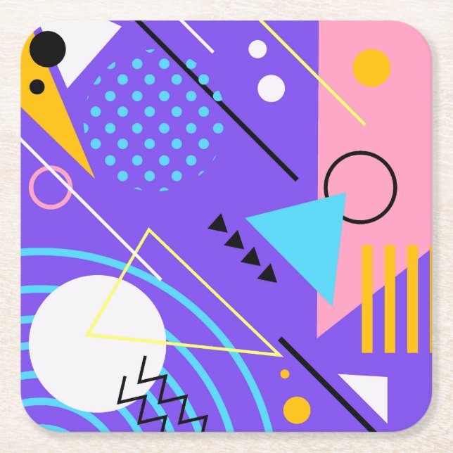 Colourful Abstract Triangles, Circles and Lines Square Paper Coaster (Front)