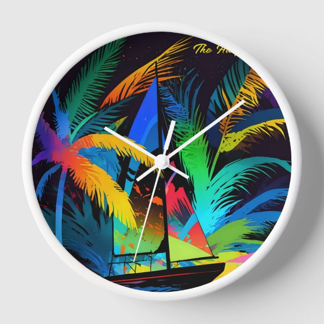 Colourful Abstract Tropical Sailboat Palm Trees Clock (Front)
