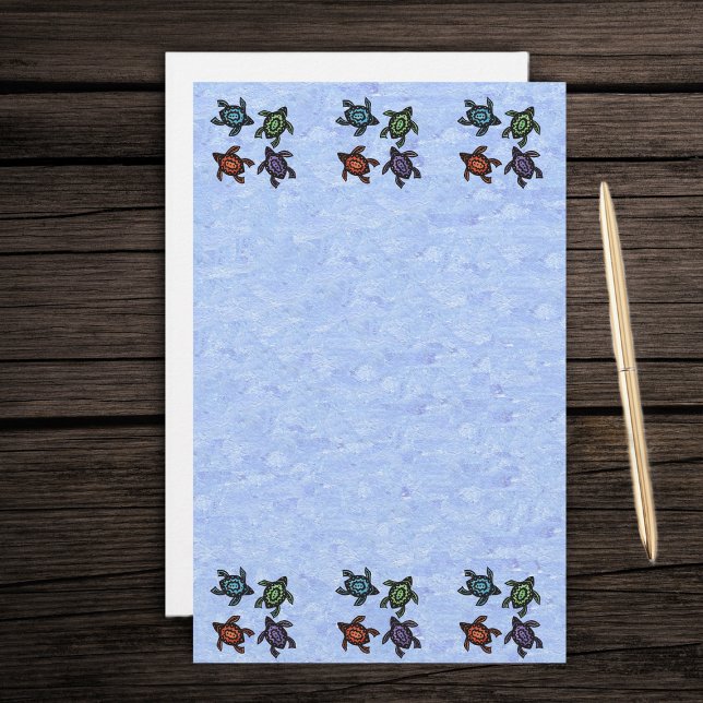 Colourful Abstract Turtles Stationery (Bunch of colourful abstract turtles on patterned light blue stationery writing paper.)