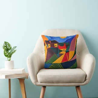 Colourful abstract village art cushion