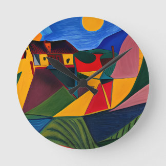 Colourful abstract village art round clock