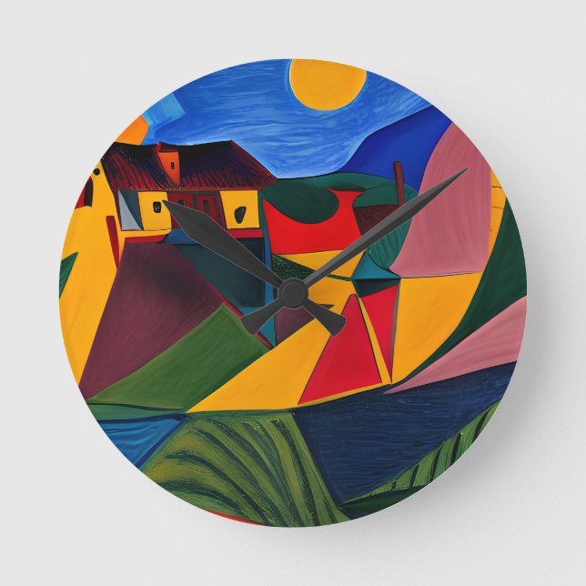 Colourful abstract village art round clock (Front)