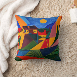 Colourful abstract village landscape cushion