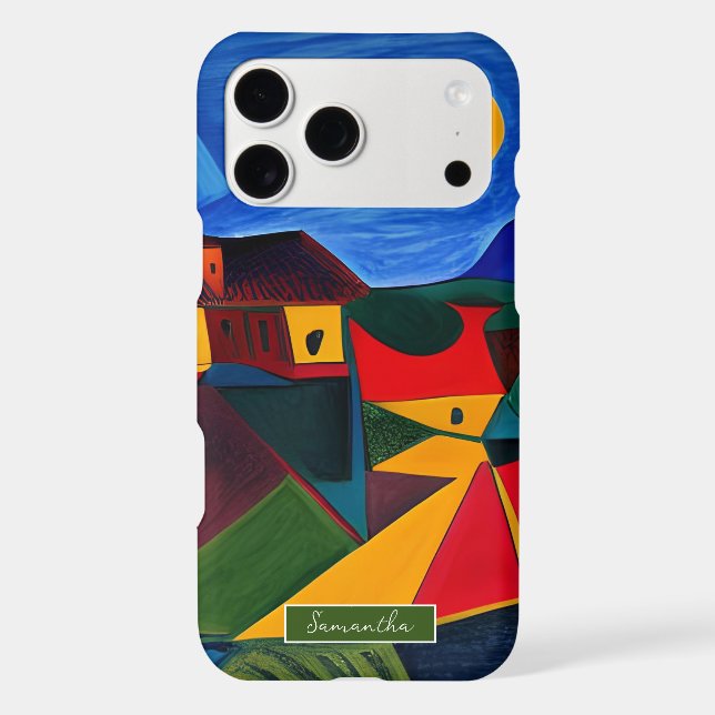 Colourful abstract village landscape iPhone 17 cas (Back)