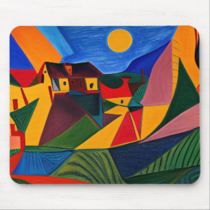 Colourful abstract village landscape mouse pad