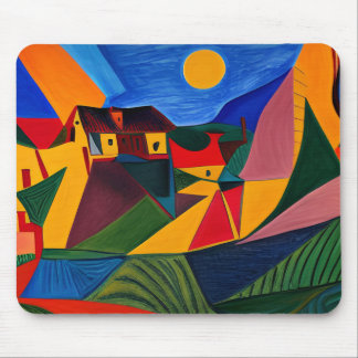 Colourful abstract village landscape mouse pad