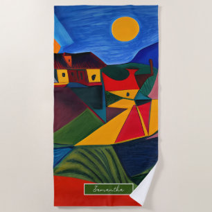Colourful abstract village landscape personalised beach towel