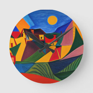 Colourful abstract village landscape round clock