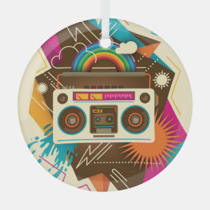 Colourful Abstract Vintage Radio Illustration Glass Tree Decoration