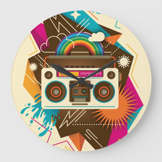 Colourful Abstract Vintage Radio Illustration Large Clock (Front)