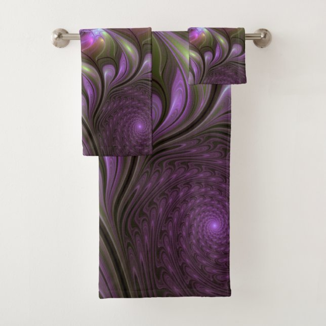 Colourful Abstract Violet Purple Khaki Fractal Art Bath Towel Set (Insitu)